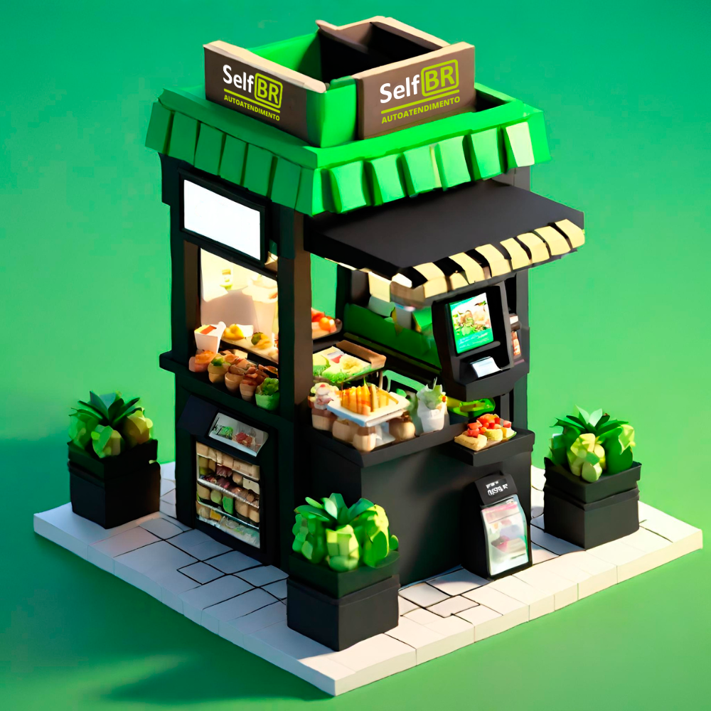 Imagem de um quiosque 3d com totem e fachada do SelfBR