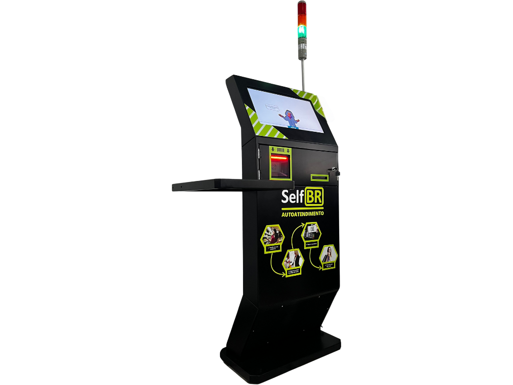 Totem de Autoatendimento SelfBR Padrão +  Semáforo + DDO Frente Self Checkout - Versão Self Checkout para Supermercados