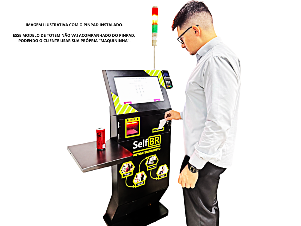 Totem de Autoatendimento SelfBR Padrão +  Semáforo + DDO Frente Self Checkout - Versão Self Checkout para Supermercados