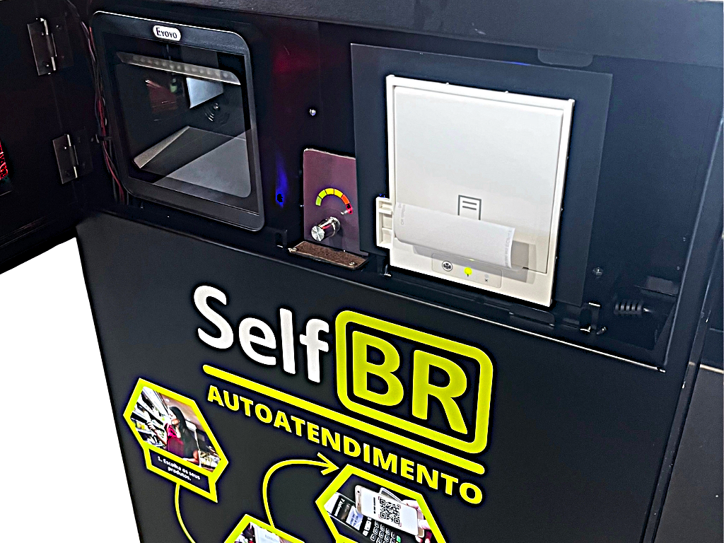 Totem de Autoatendimento SelfBR Padrão +  Semáforo + DDO Frente Self Checkout - Versão Self Checkout para Supermercados