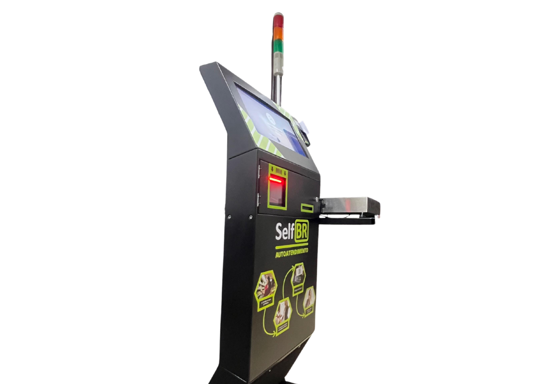 Totem de Autoatendimento SelfBR Padrão + Semáforo + Balança Toldedo + PINPAD + DDO Frente Self Checkout - Versão Self Checkout para Supermercados