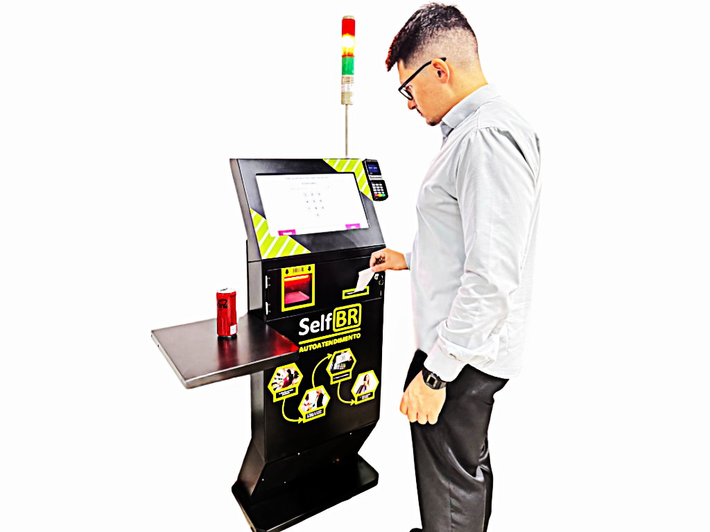 Totem de Autoatendimento SelfBR Completo + Semáforo +  Balança Toledo + PINPAD + DDO Frente Self Checkout - Versão Self Checkout para Supermercados